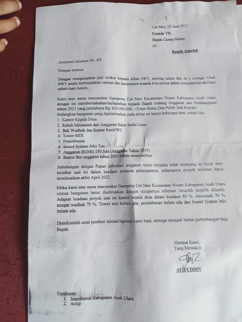 KEUCHIK GAMPONG COT MEE NISAM DIDUGA TIDAK TRANSPARAN KELOLA DANA DESA